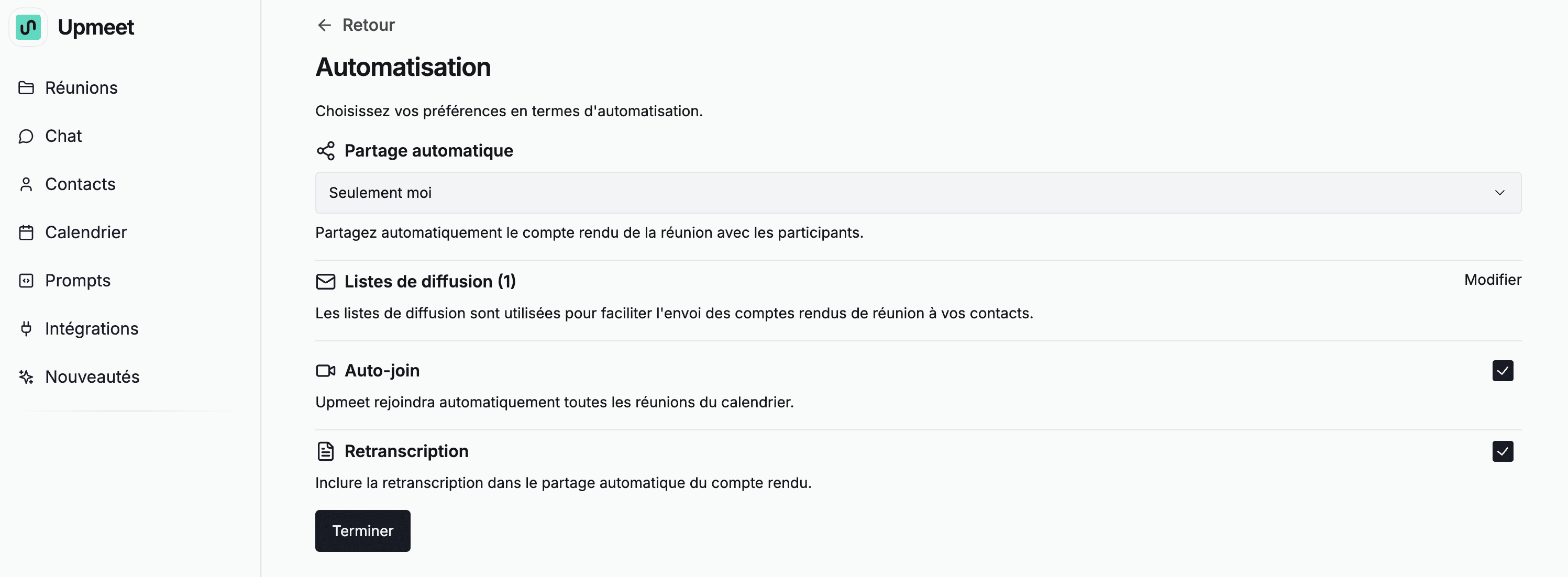 Paramètres d'automatisation Upmeet