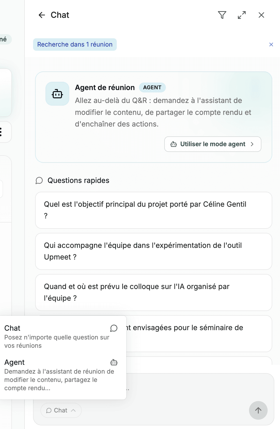 Interface de l'Agent Upmeet
