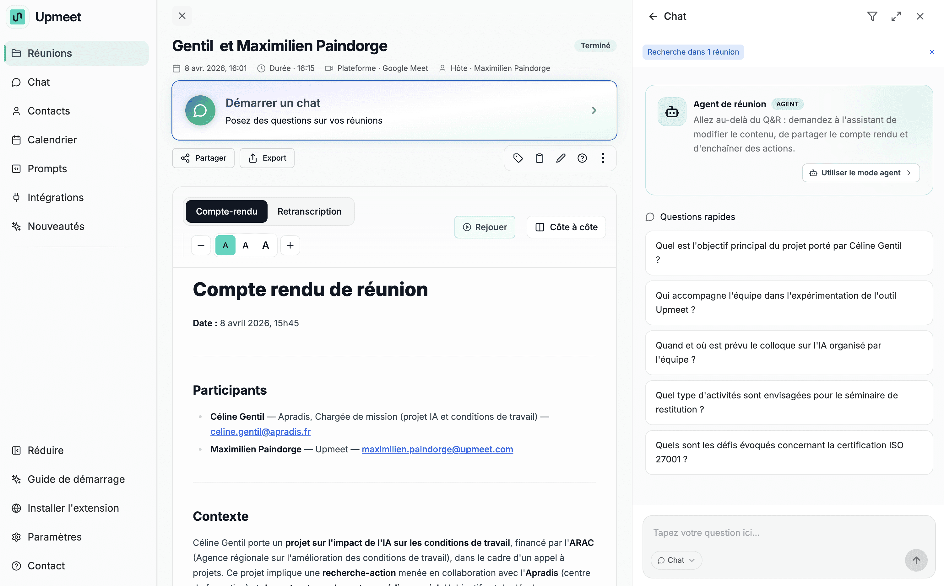 Exemple d'un compte rendu de réunion dans Upmeet