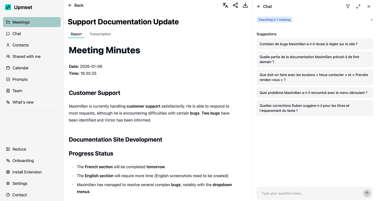 Example of a meeting report in Upmeet